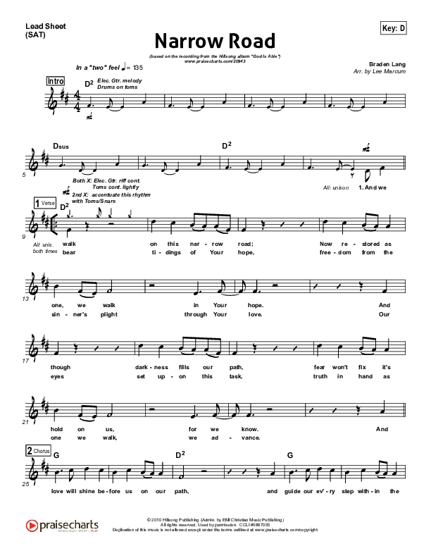 Narrow Road Lead Sheet (Hillsong Worship)