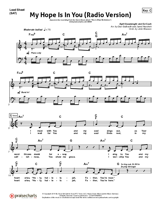 My Hope Is In You (Radio) Lead Sheet (SAT) (Aaron Shust)