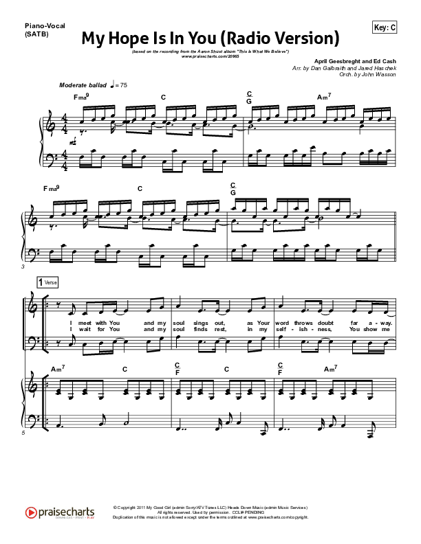 My Hope Is In You (Radio) Piano/Vocal (Aaron Shust)