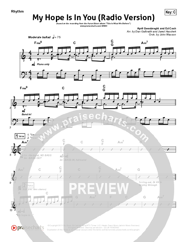 My Hope Is In You (Radio) Rhythm Chart (Aaron Shust)