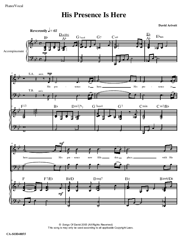His Presence Is Here Lead & Piano (David Arivett)
