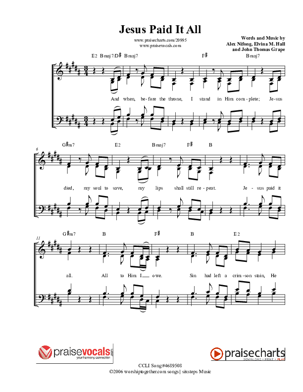 Jesus Paid It All Lead Sheet (PraiseVocals)