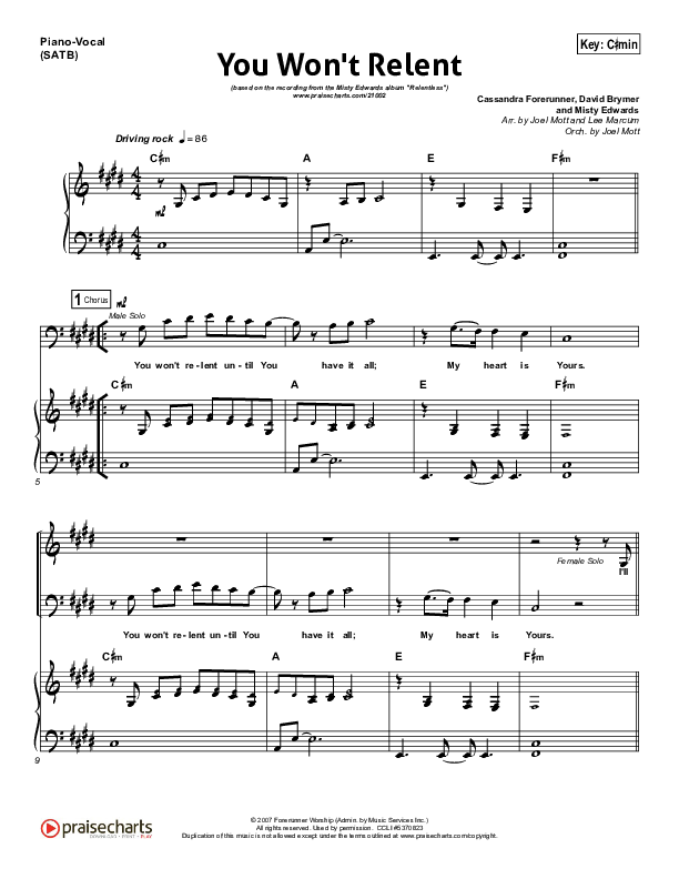 You Won't Relent Piano/Vocal (SATB) (Misty Edwards)