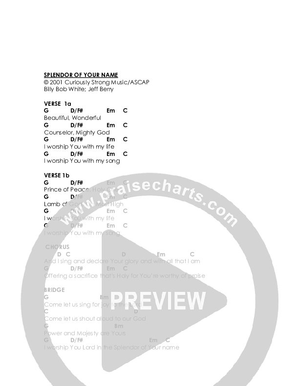 Splendor Of Your Name Chords & Lyrics (Jeff Berry Band)