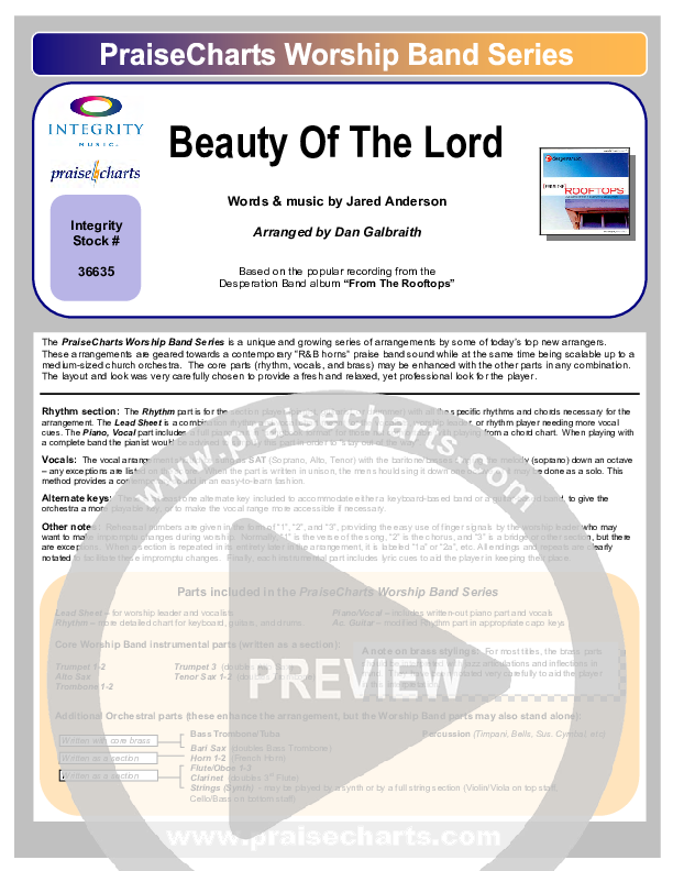 Beauty Of The Lord Cover Sheet (Desperation Band)