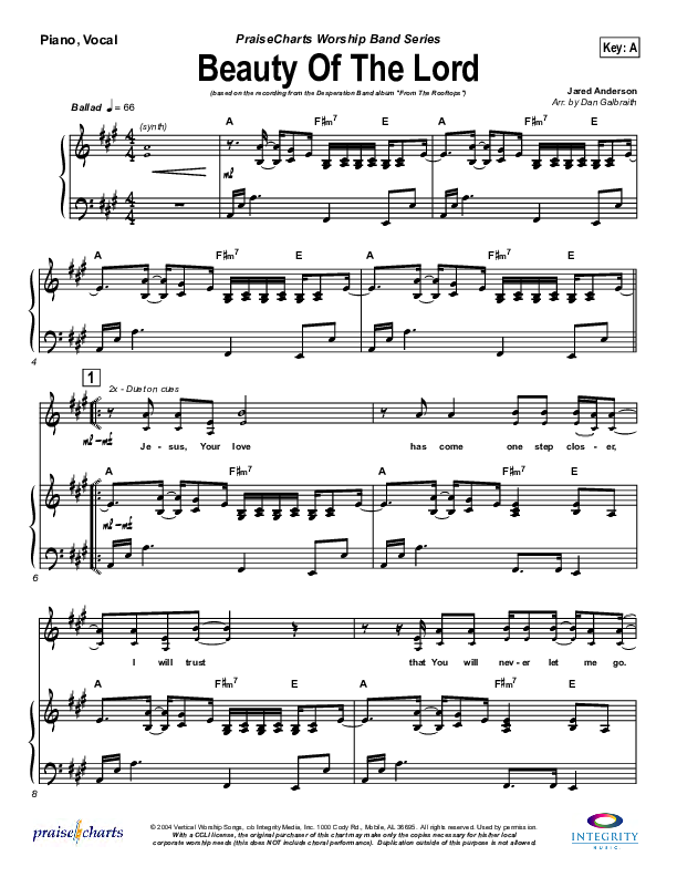 Beauty Of The Lord Piano/Vocal Pack (Desperation Band)