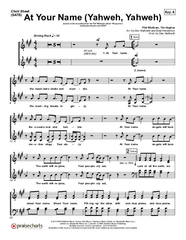 At Your Name Choir Sheet (SATB) (Phil Wickham)