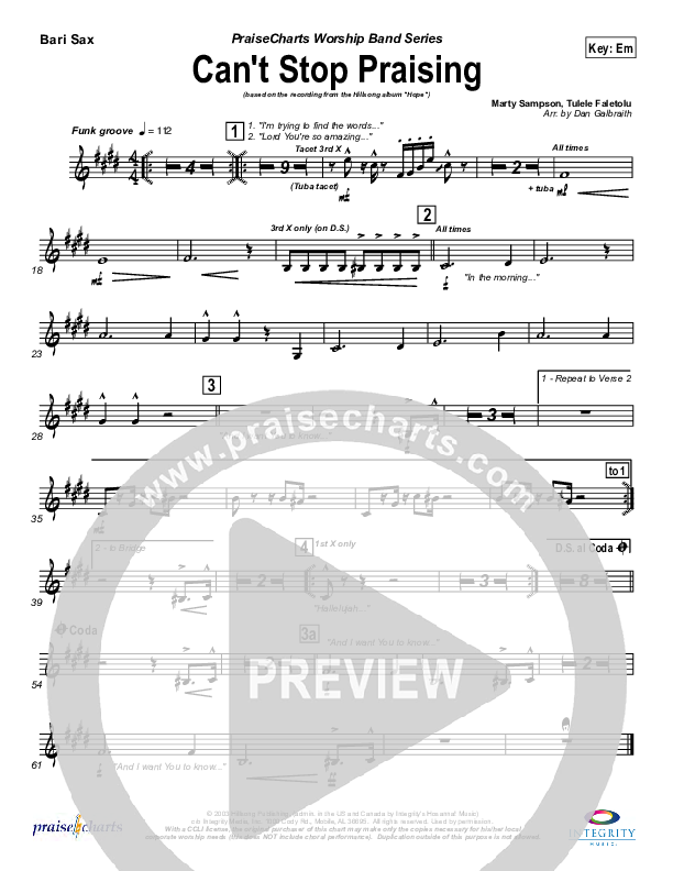 Can't Stop Praising Bari Sax (Hillsong Worship)