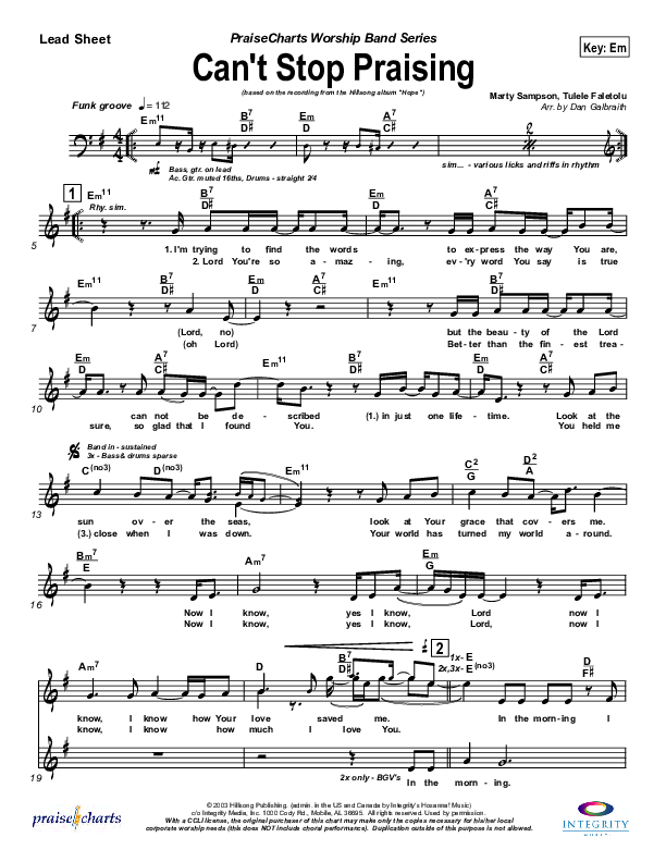 Can't Stop Praising Lead Sheet (SAT) (Hillsong Worship)