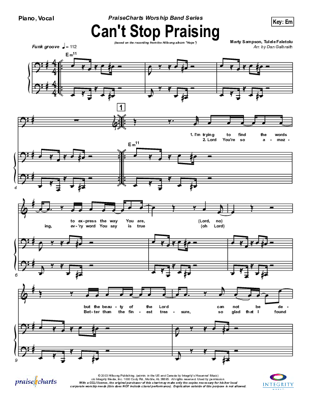 Can't Stop Praising Piano/Vocal (Hillsong Worship)