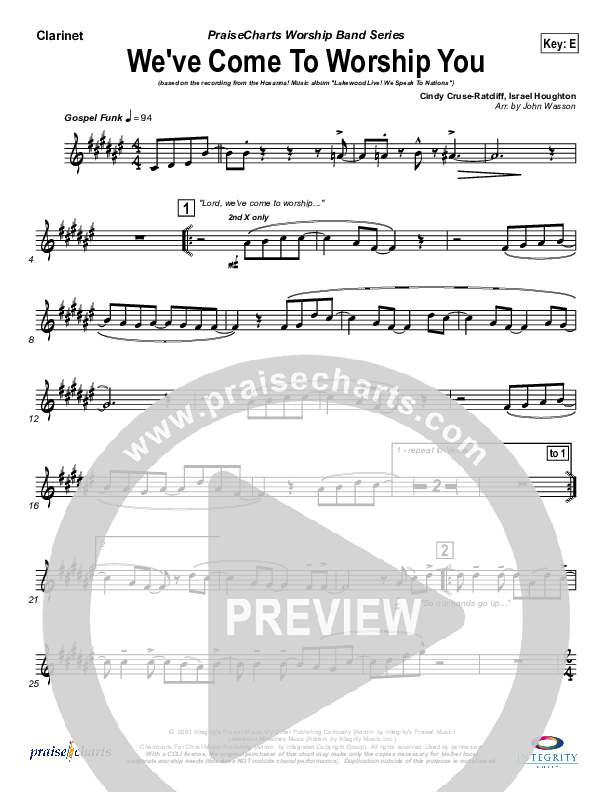 We've Come To Worship You Clarinet (Lakewood Church)