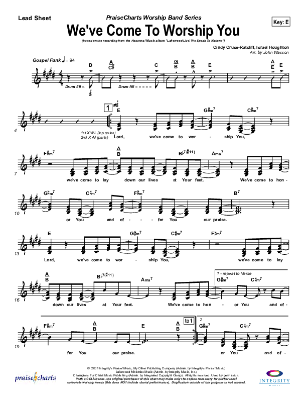 We've Come To Worship You Lead Sheet (Lakewood Church)