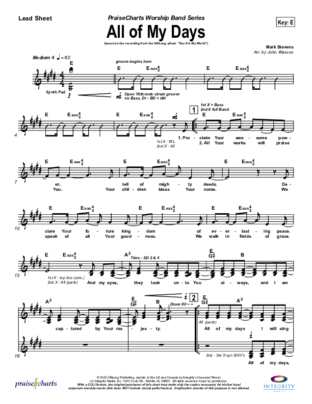 All Of My Days Lead Sheet (Hillsong Worship)
