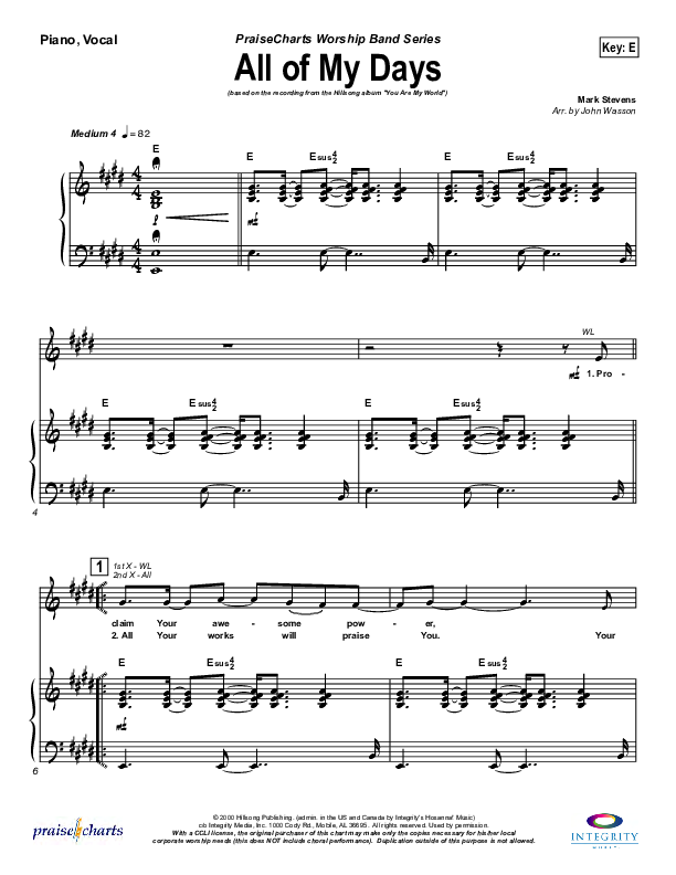 All Of My Days Piano/Vocal & Lead (Hillsong Worship)
