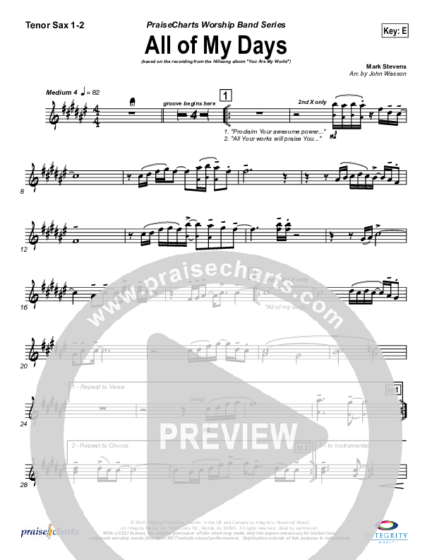 All Of My Days Tenor Sax 1/2 (Hillsong Worship)