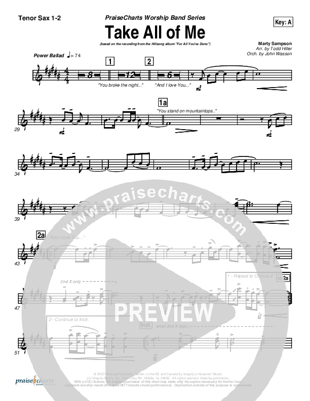 Take All Of Me Tenor Sax 1/2 (Hillsong Worship)