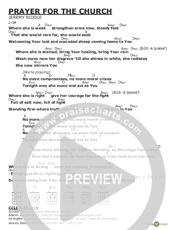 Prayer For The Church Chord Chart (Jeremy Riddle)