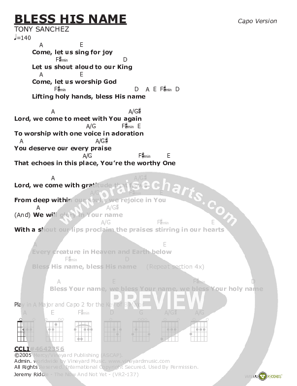 Bless His Name Chord Chart (Jeremy Riddle)