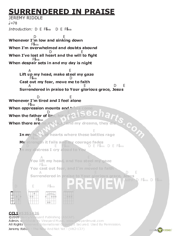 Surrendered In Praise Chord Chart (Jeremy Riddle)