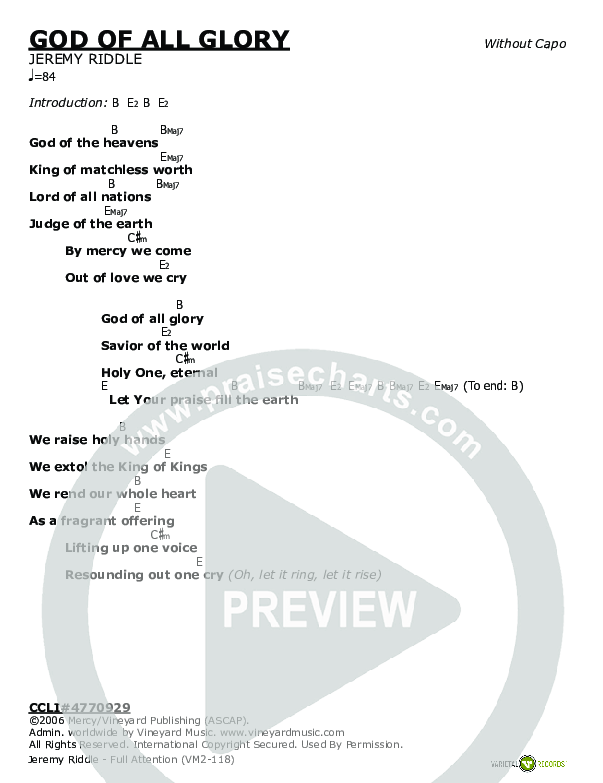 God Of All Glory Chord Chart (Jeremy Riddle)