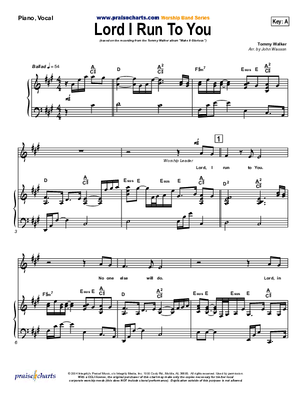 Lord I Run To You Piano/Vocal & Lead (Tommy Walker)