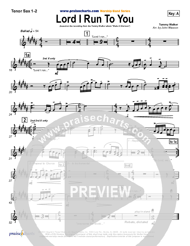 Lord I Run To You Tenor Sax 1/2 (Tommy Walker)