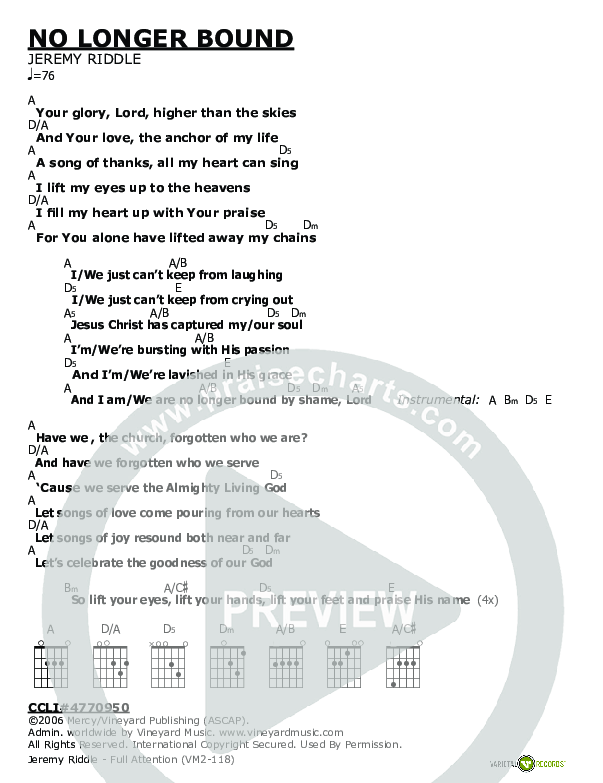 No Longer Bound Chords PDF (Jeremy Riddle) - PraiseCharts