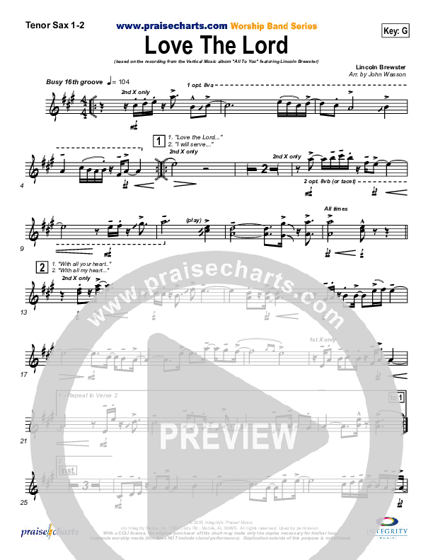 Love The Lord Tenor Sax 1/2 (Lincoln Brewster)