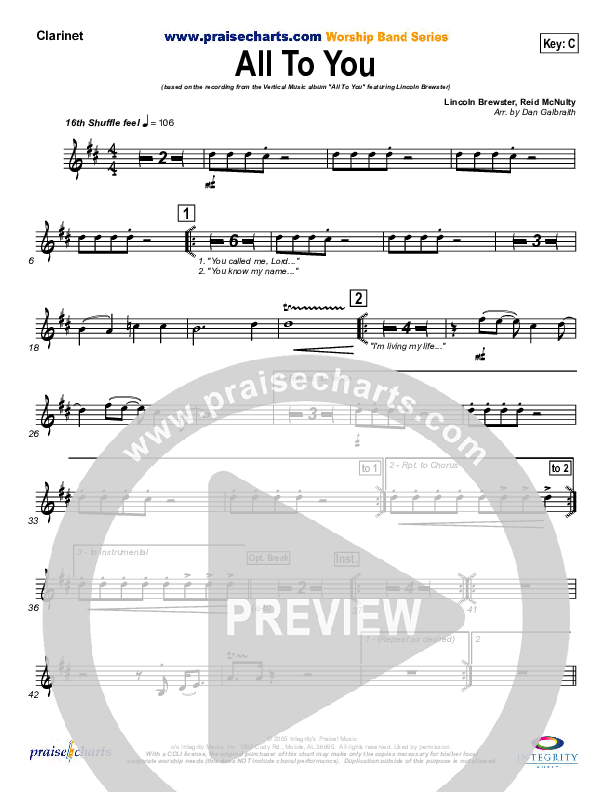 All To You Clarinet (Lincoln Brewster)