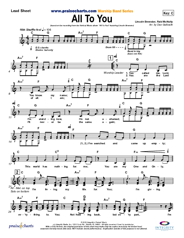 All To You Lead Sheet (SAT) (Lincoln Brewster)
