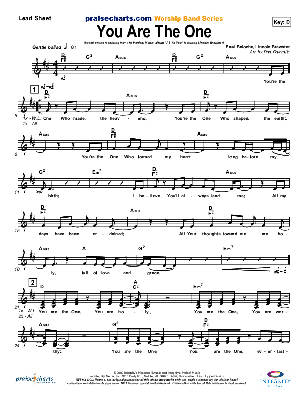 You Are the One Lead Sheet (Lincoln Brewster)