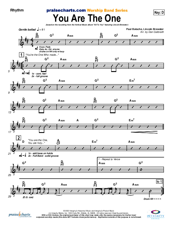 You Are the One Rhythm Chart (Lincoln Brewster)