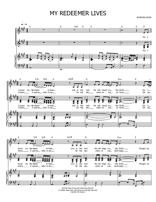 My Redeemer Lives Piano/Vocal & Lead (John Willison)