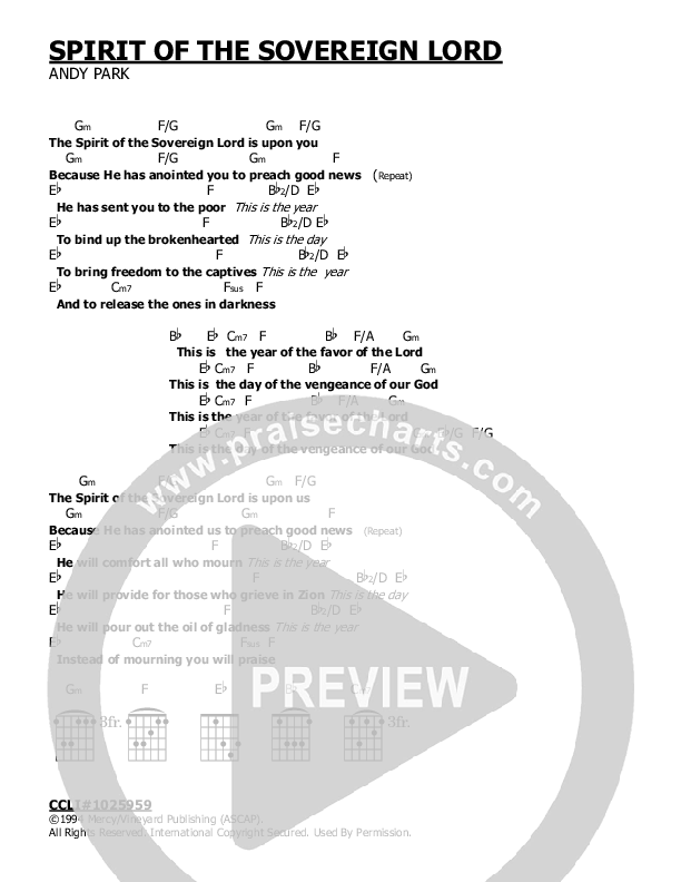 Spirit Of The Sovereign Lord Chord Chart (Andy Park)