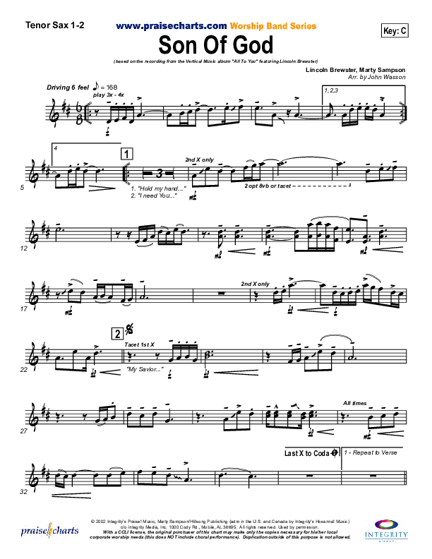 Son Of God Tenor Sax 1/2 (Hillsong Worship)