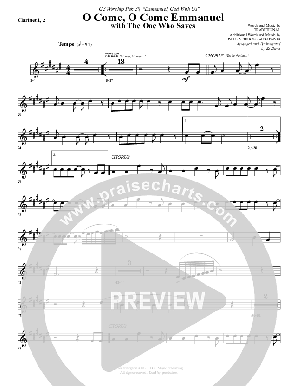 O Come O Come Emmanuel (with The One Who Saves) Clarinet 1/2 (G3 Worship)