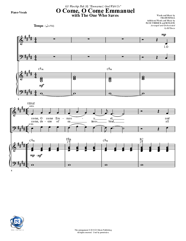 O Come O Come Emmanuel (with The One Who Saves) Piano/Vocal (G3 Worship)