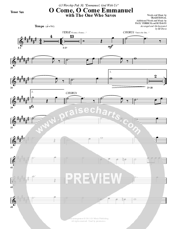 O Come O Come Emmanuel (with The One Who Saves) Tenor Sax 2 (G3 Worship)