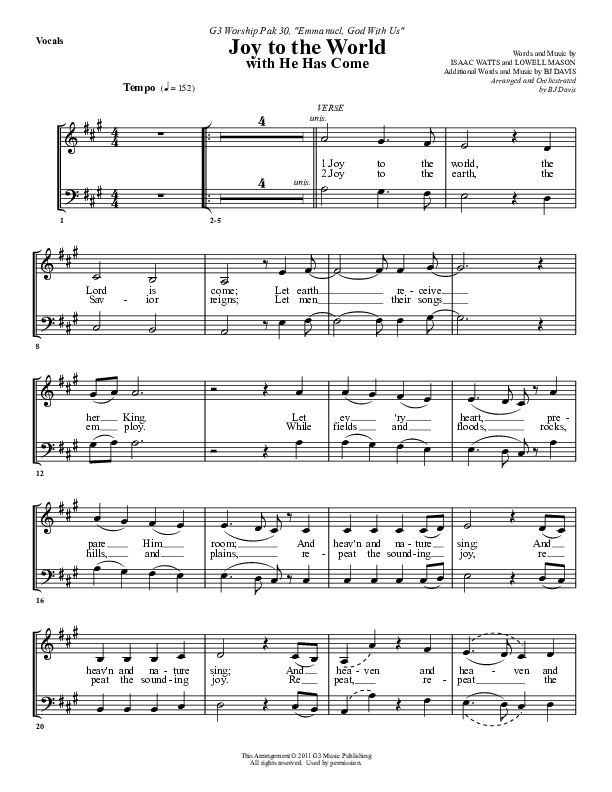 Joy To The World (with He Has Come) Choir Sheet (G3 Worship)