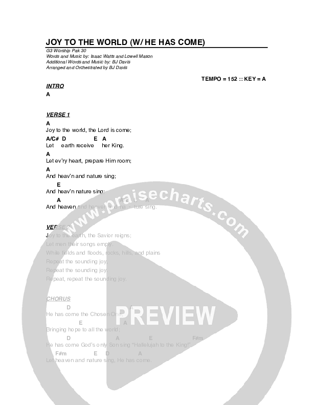Joy To The World (with He Has Come) Chord Chart (G3 Worship)