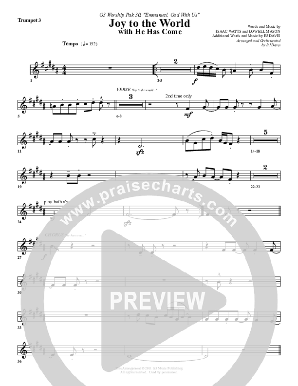 Joy To The World (with He Has Come) Trumpet 3 (G3 Worship)