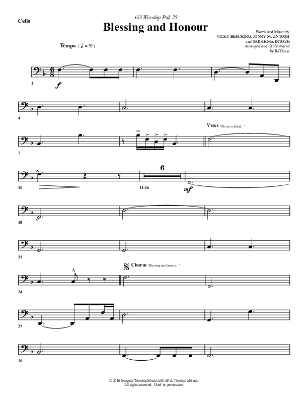 Blessing And Honour Cello (G3 Worship)