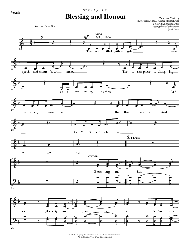 Blessing And Honour Choir Sheet (G3 Worship)