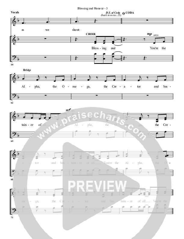 Blessing And Honour Choir Sheet (G3 Worship)