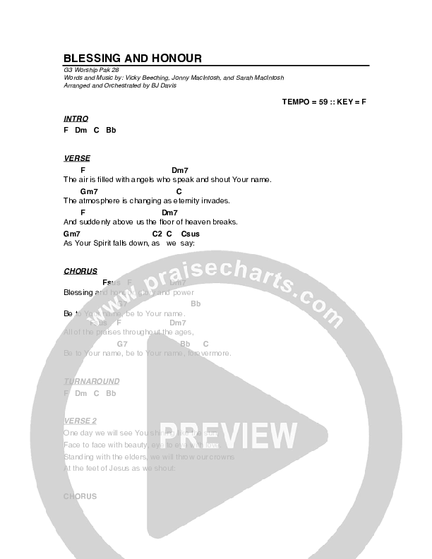 Blessing And Honour Chords & Lyrics (G3 Worship)