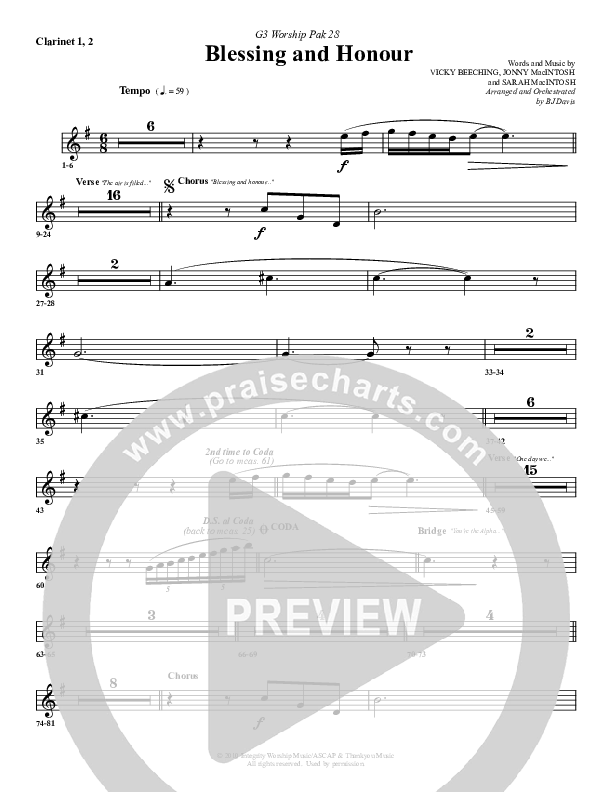 Blessing And Honour Clarinet 1/2 (G3 Worship)