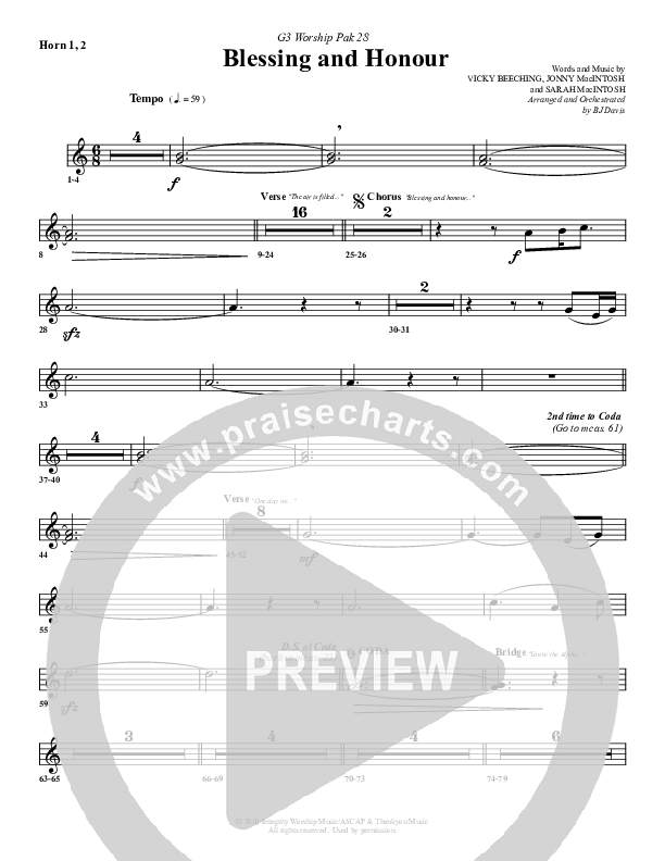 Blessing And Honour French Horn Sheet Music PDF (G3 Worship) PraiseCharts