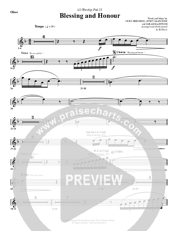 Blessing And Honour Oboe (G3 Worship)