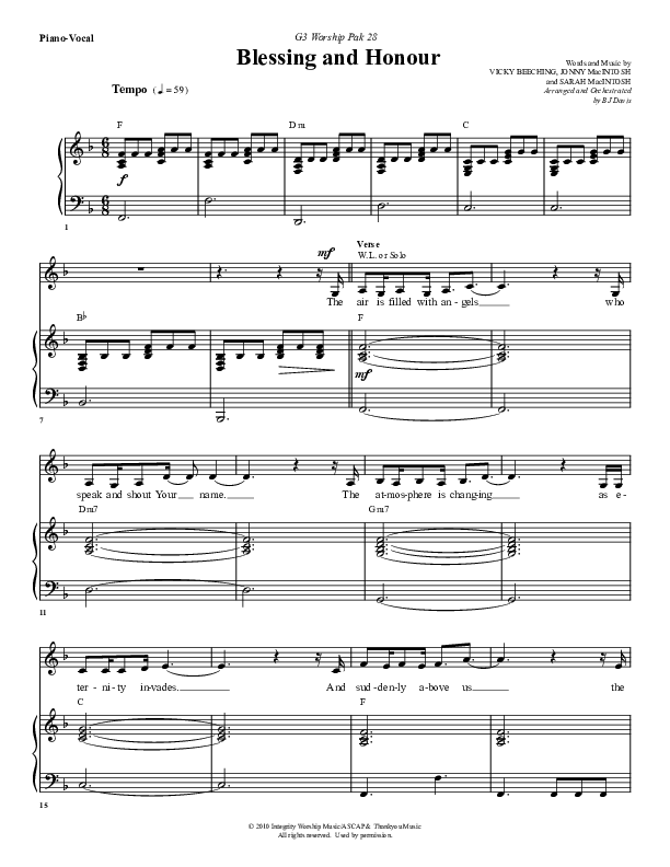 Blessing And Honour Piano/Vocal (G3 Worship)
