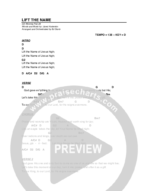 Lift The Name Chord Chart (G3 Worship)